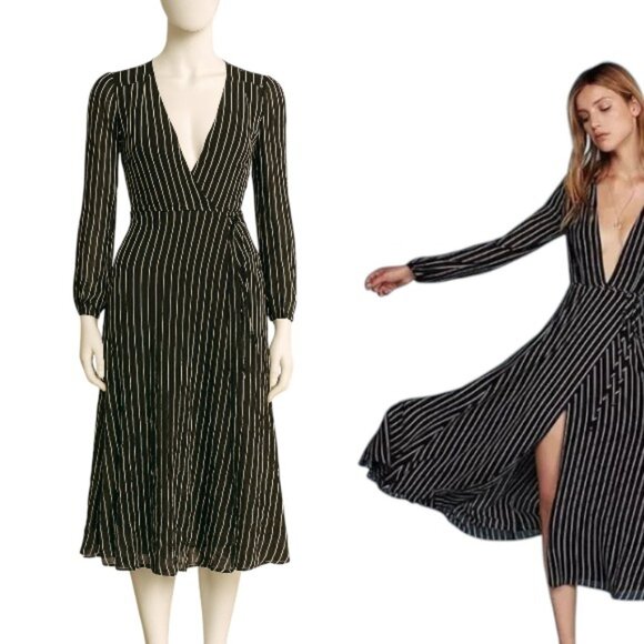 REFORMATION BLACK/WHITE STRIPE MIDI LONG SLEEVE WRAP V NECK DRESS MEDIUM EUC - Picture 2 of 5
